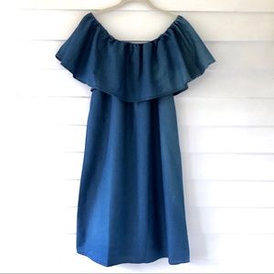 River & Rose Blue Chambray Flutter Sleeve Off-Shoulder Ruffle Peasant Dress